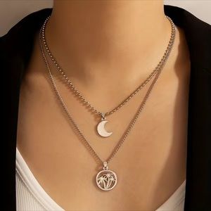 Silver 925 Plated Boho Moon Coconut Tree Summer Beach Style Necklace
